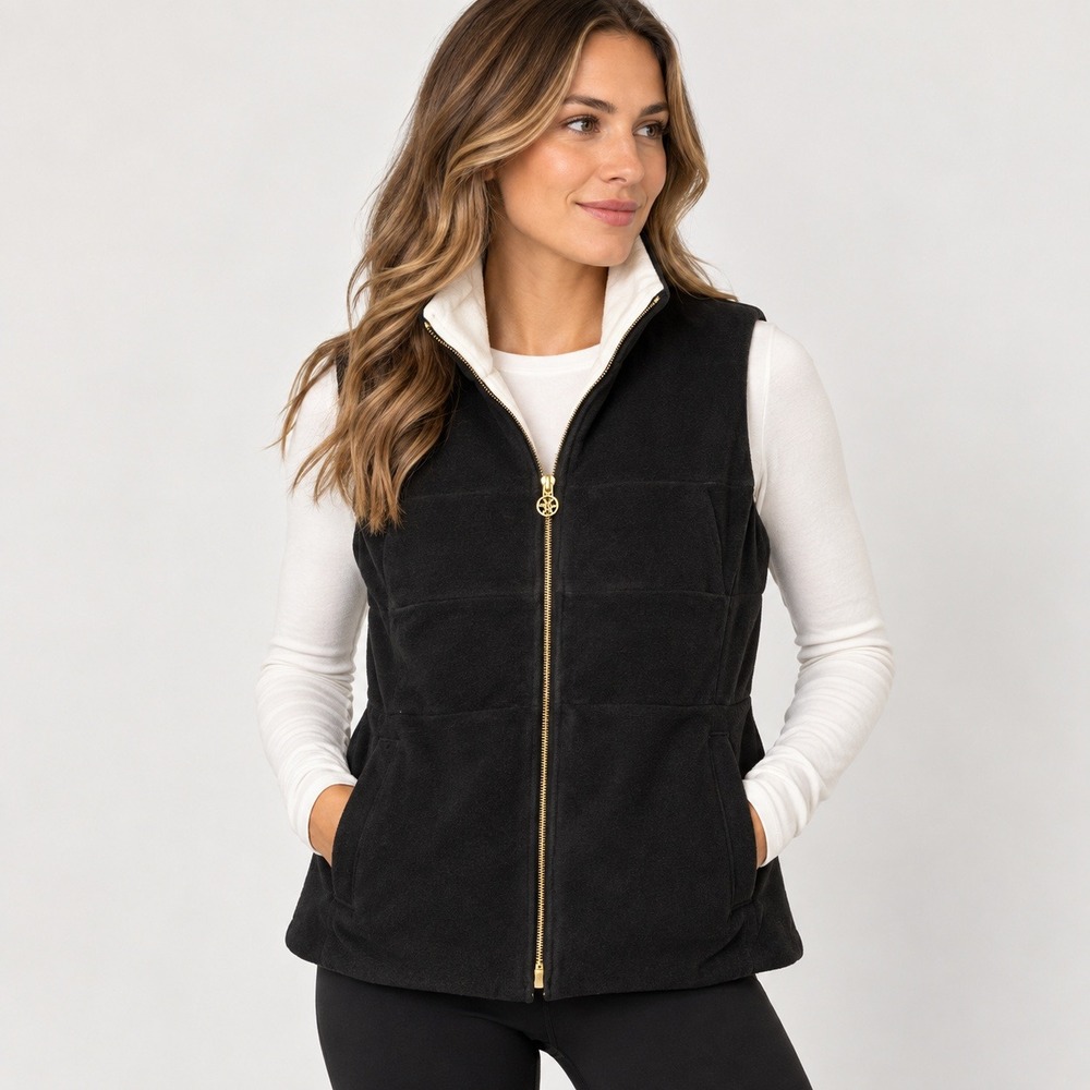 Lilly Pulitzer Reversible Fleece Vest Womens Medium Black White Gold Zip